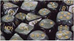D6 -- 16Mm Lustrous Dice, Black/Gold, 12 Ct - Boardlandia