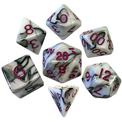 7 Count Dice set - 16 mm Marble with Purple Numbers (1037)
