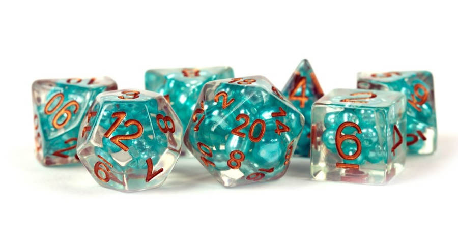 7 Count Dice Poly Set: Resin Pearl Teal with Copper