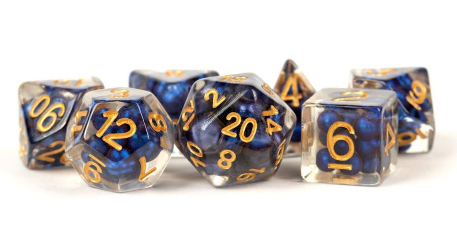 7 Count Dice Poly Set: Resin Pearl Royal Blue with Gold