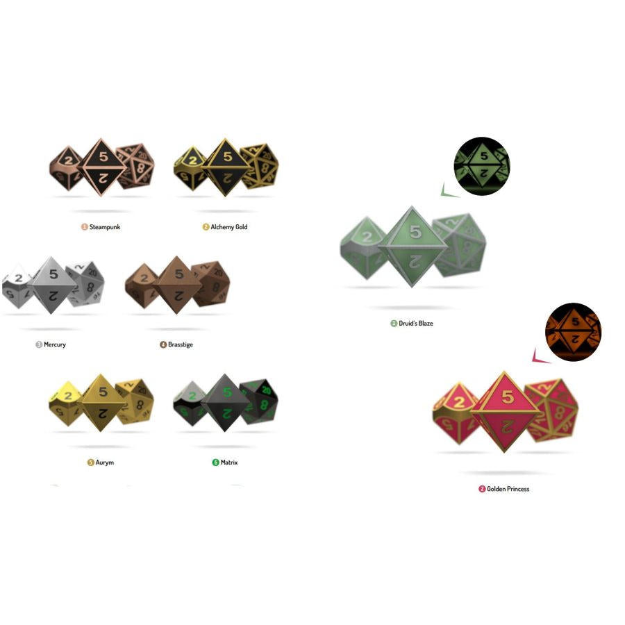 Oakie Doakie Dice - Polyhedral RPG Set - Golden Princess (Metal Glow in the Dark)