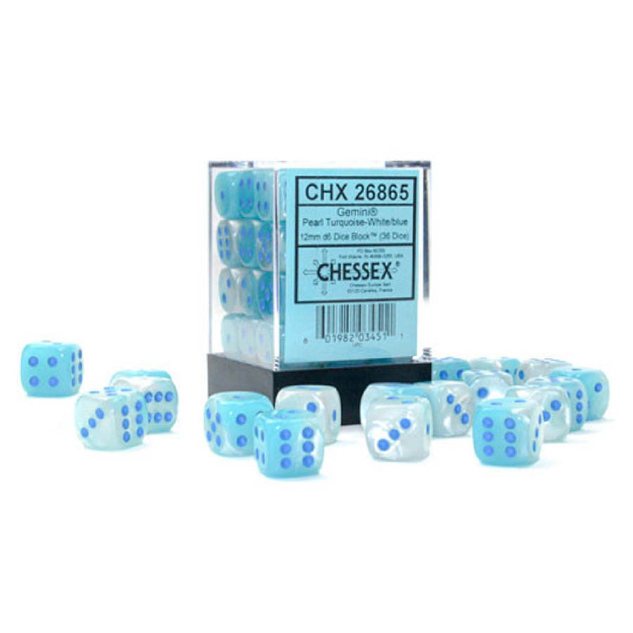 Chessex - 12mm 6d dice block 36 dice Pearl Turquoise-white/blue
