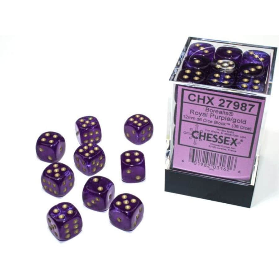 Chessex - 12mm d6 Dice Block 36 Dice - Royal Purple/Gold