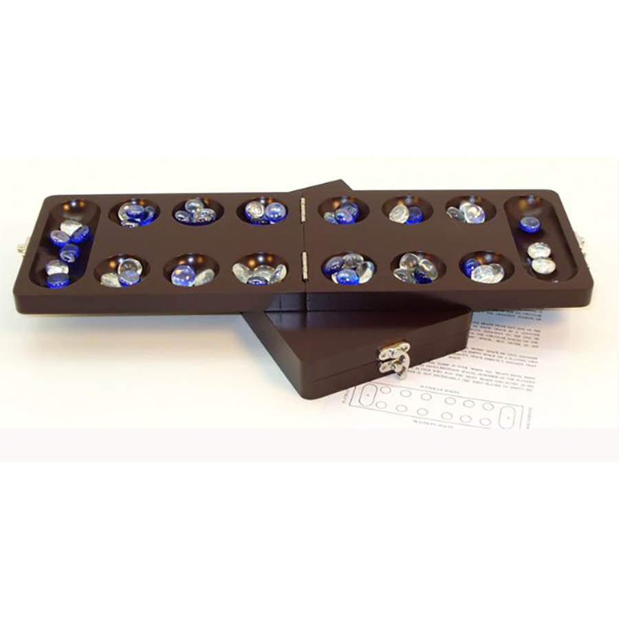 Mancala - Walnut Stained Folding Board with Glass Stones
