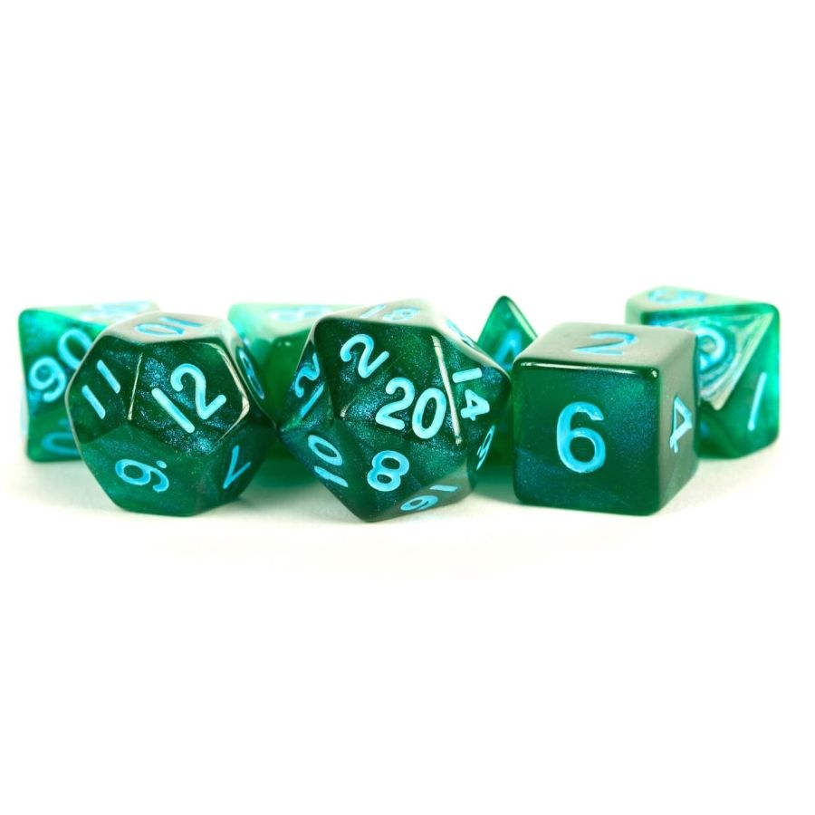 7 Count Dice Poly Set 16mm: Stardust Green w/ Blue Numbers