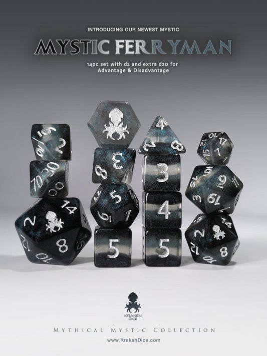 Mystic Ferryman 14pc Silver Ink Dice Set