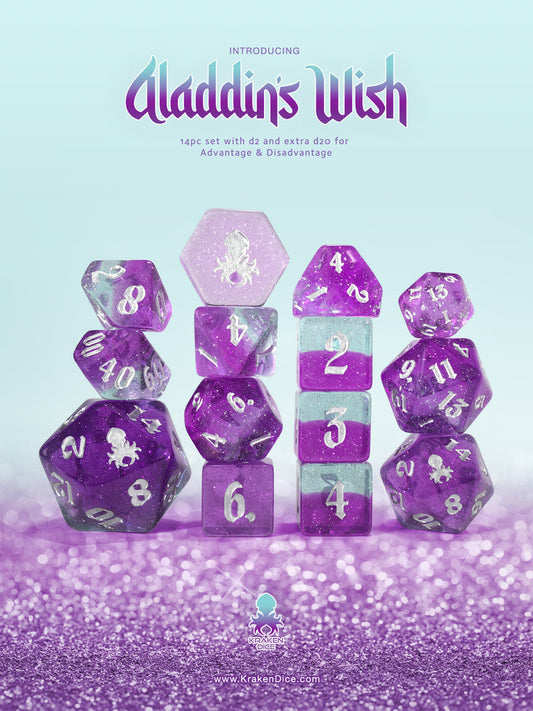 Aladdin's Wish 14pc Dice Set Inked in Silver