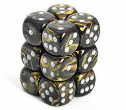 D6--16Mm- Geminid Dice Black-Gold With Silver; 12Ct - Boardlandia