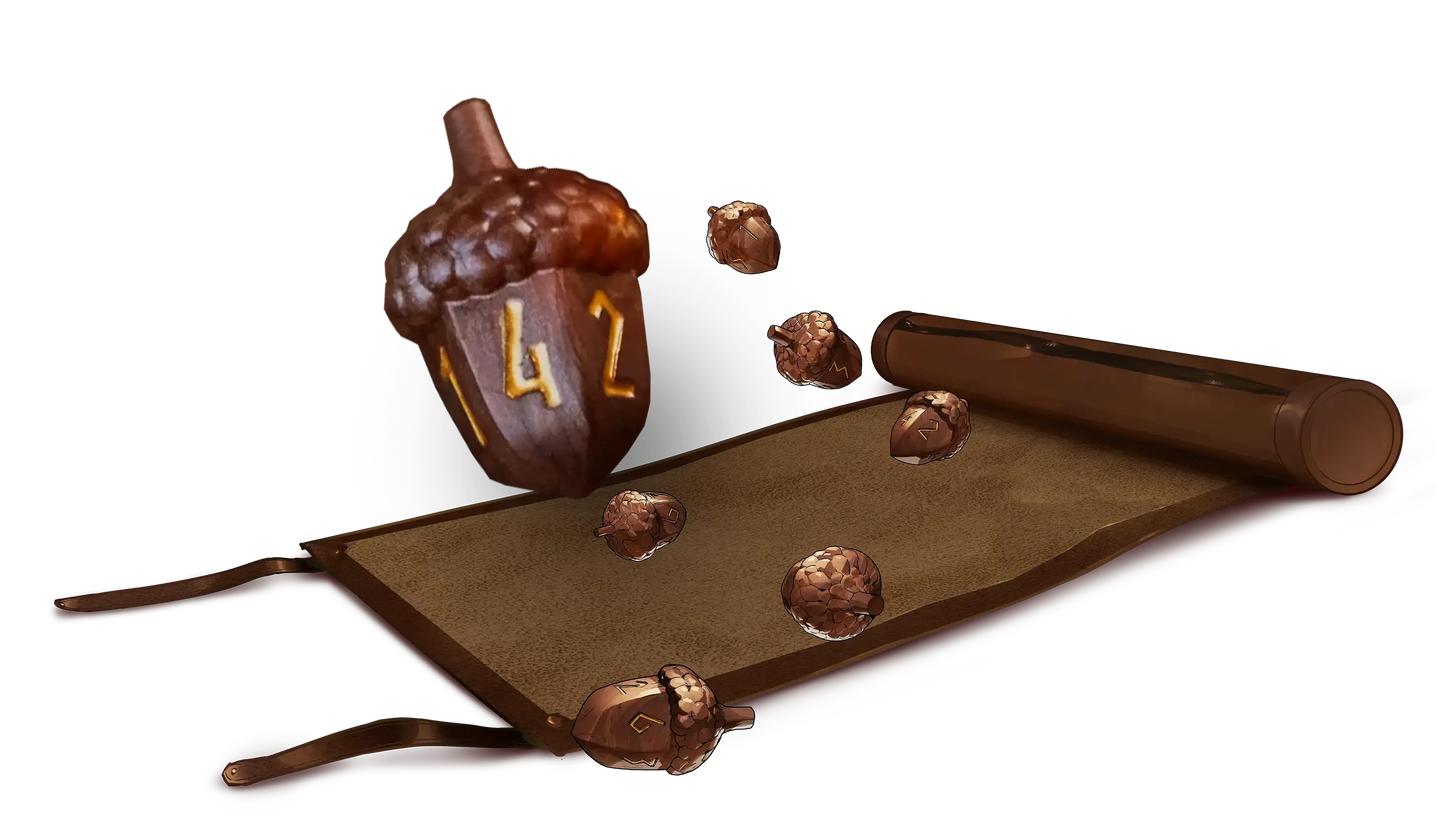 Legend in the Mist: Leather Satchel & Acorn Dice