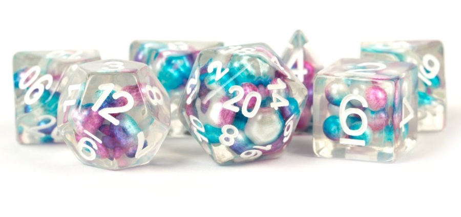 7 Count Dice Poly Set: Resin Pearl Gradient Purple Teal and White