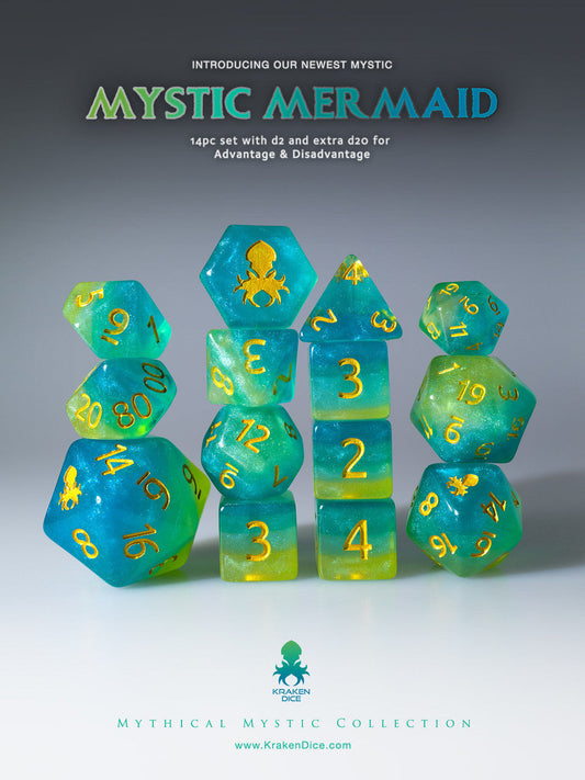 Mystic Mermaid 14pc Gold Ink Dice Set With Kraken Logo