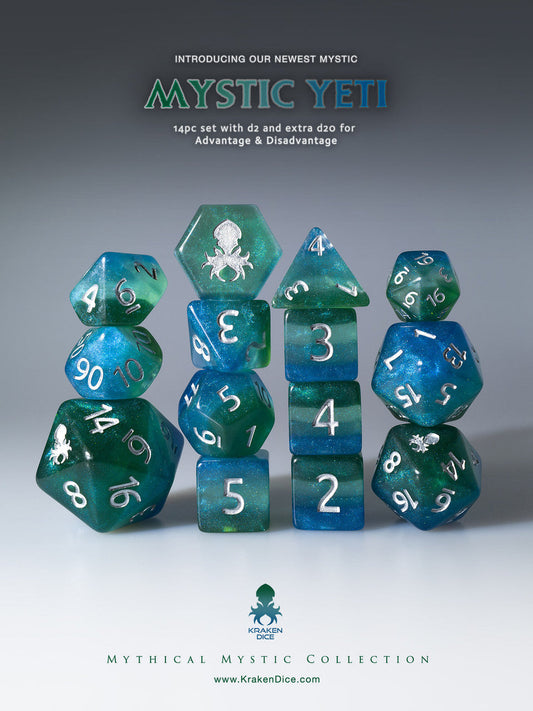 Mystic Yeti 14pc Silver Ink Dice Set With Kraken Logo