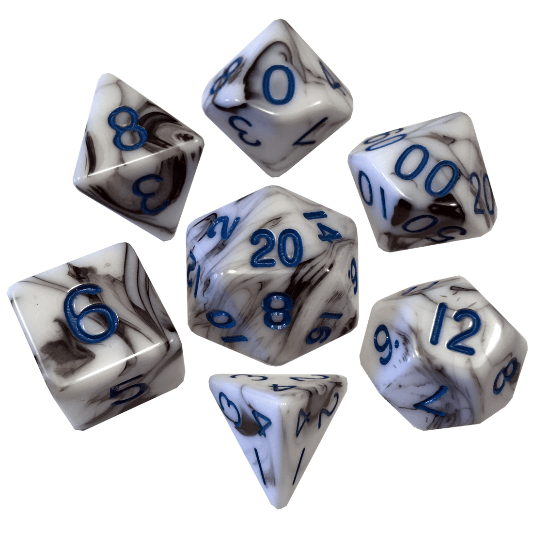 Marble Pattern High Quality Acrylic Dice Set - Marble With Blue Numbers