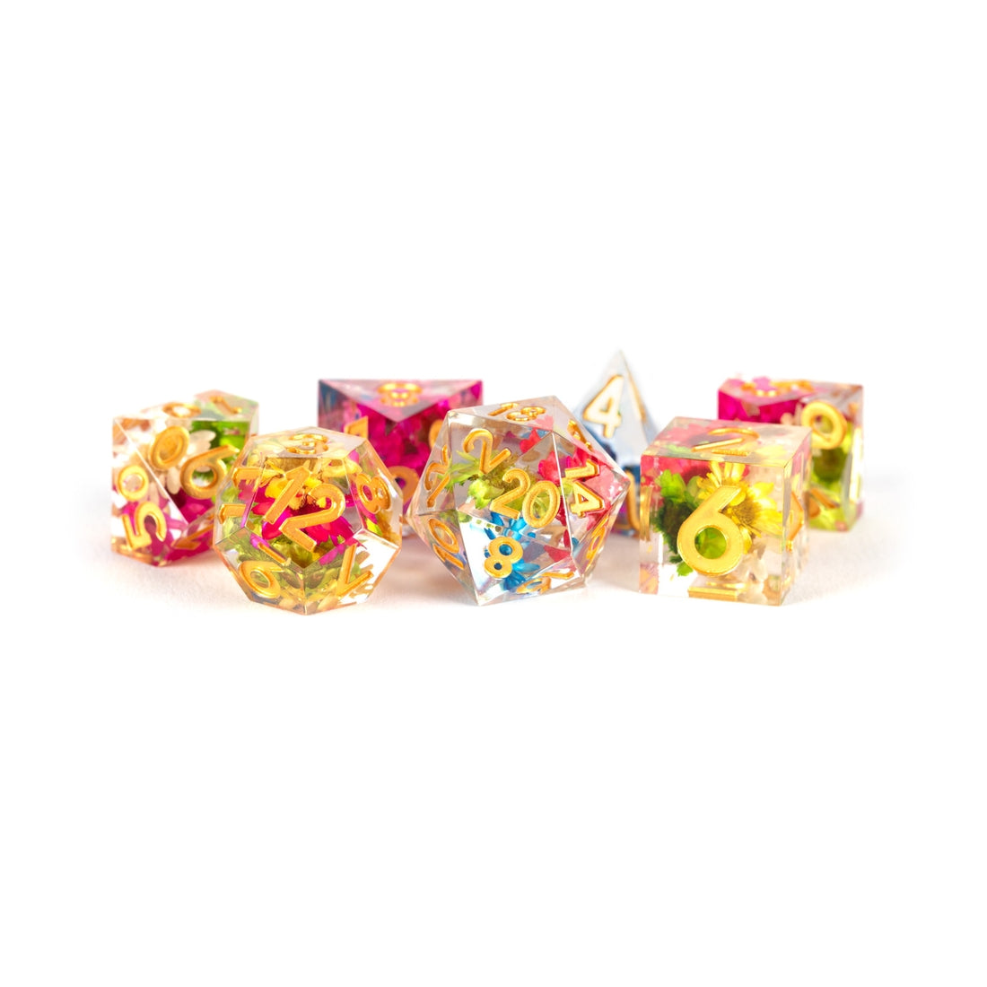 PREMIUM Handcrafted Sharp Edge Inclusion Dice - Brazilian Golden Flower