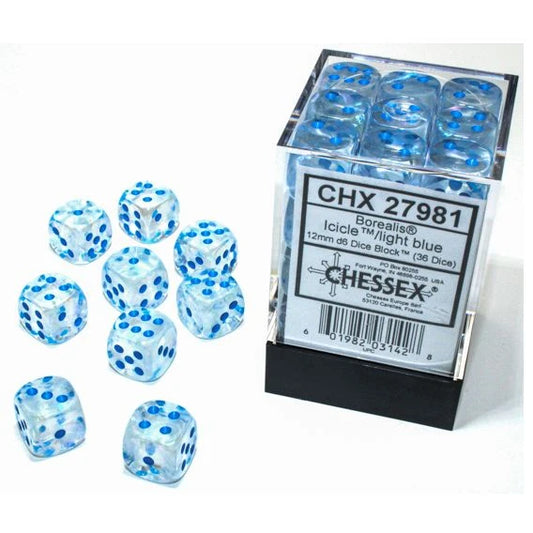 d6 Cube 12mm Borealis Luminary Icicle with Light Blue (36)