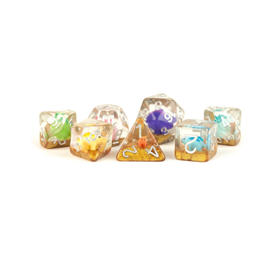 Inclusion Dice Resin Dice Sets - Rainbow Dinosaur