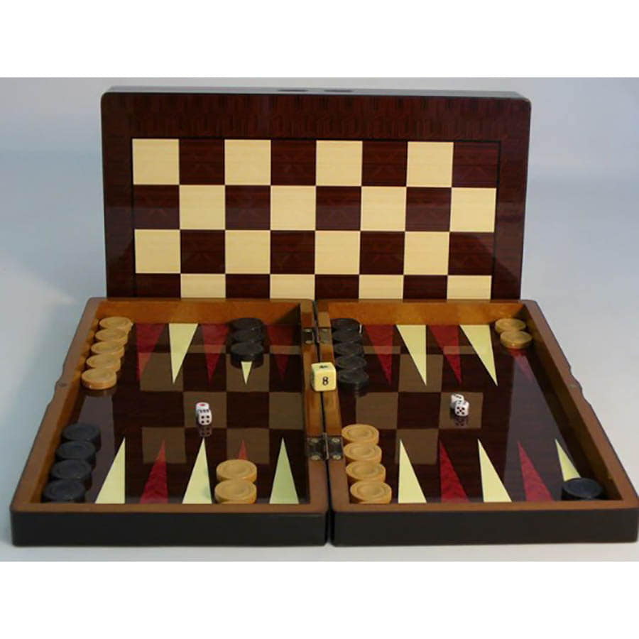 Backgammon - Woodgrain Decoupage Backgammon with Chessboard Back, 15"