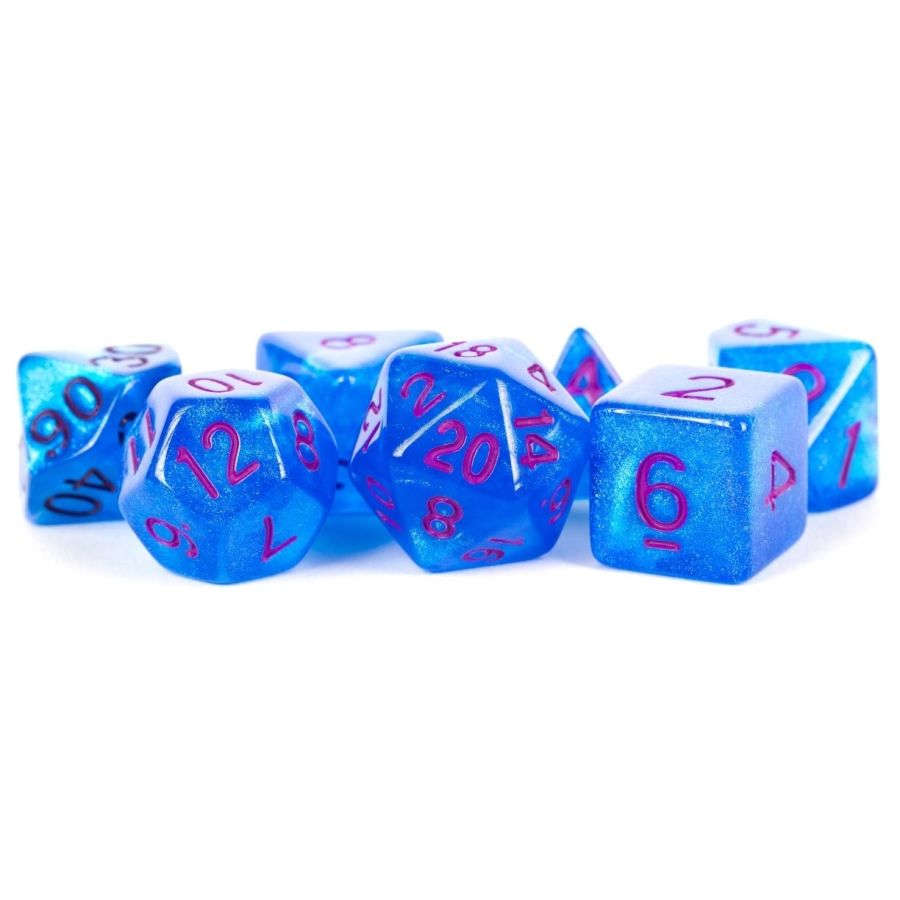 7 Count Dice Poly Set 16mm: Stardust Blue w/ Purple Numbers