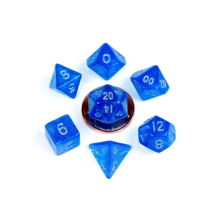 7 Count Dice Poly Set 16mm: Stardust Blue w/ Silver Numbers