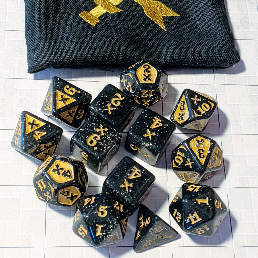 Piercing Damage - Acrylic, Black/Sparkle/Gold (14) Dice
