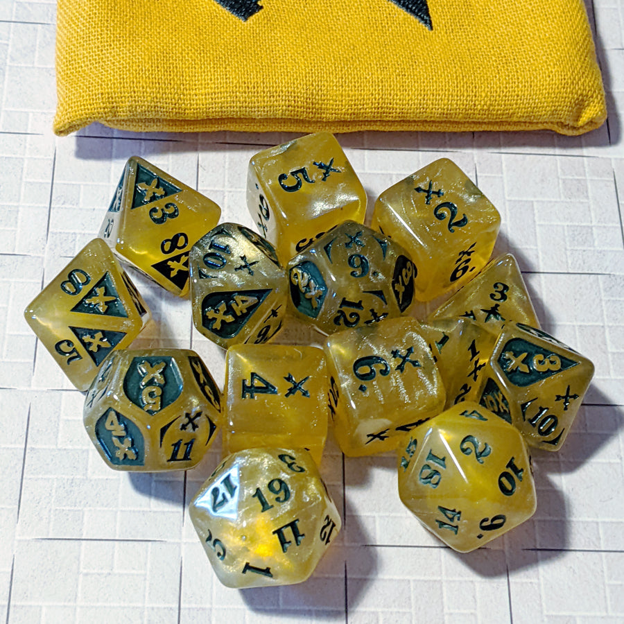 Piercing Damage - Acrylic, Green/Gold (14) Dice