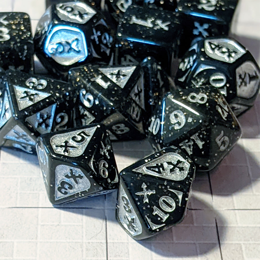 Piercing Damage - Acrylic, Black/Sparkle/Silver (14) Dice