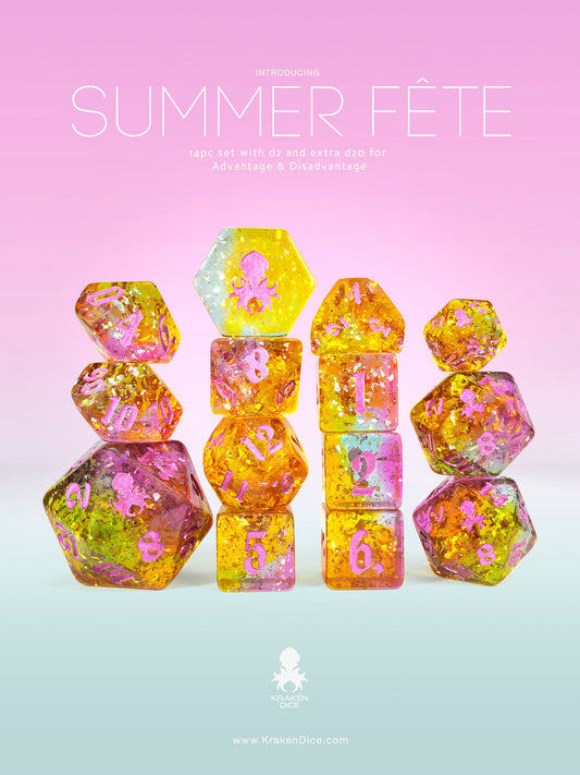Summer Fête 14pc TTRPG Dice Set with pink ink